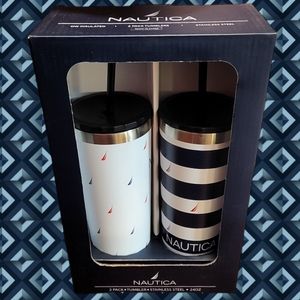 NIB NAUTICA 2 PACK 24 OZ STAINLESS STEEL DOUBLE WALL INSULATED TUMBLERS W/LIDS